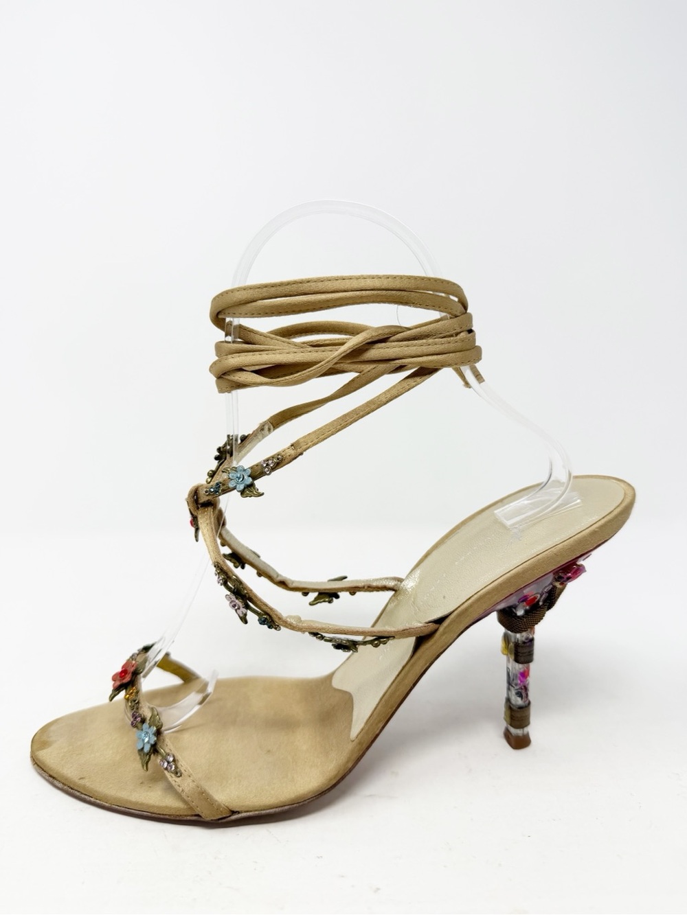 Giuseppe Zanotti Satin Floral Embellished Wrap Sandal Heels Womens Size 7.5 - Picture 9 of 11